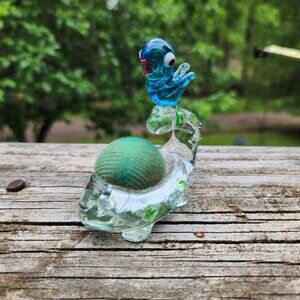 Vintage Art Glass Bird Felt Nest Pin Cushion With Blue Bird on Nest Green Accent